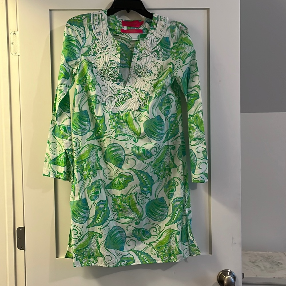 white, green and blue printed Lilly dress with beading and embroidery